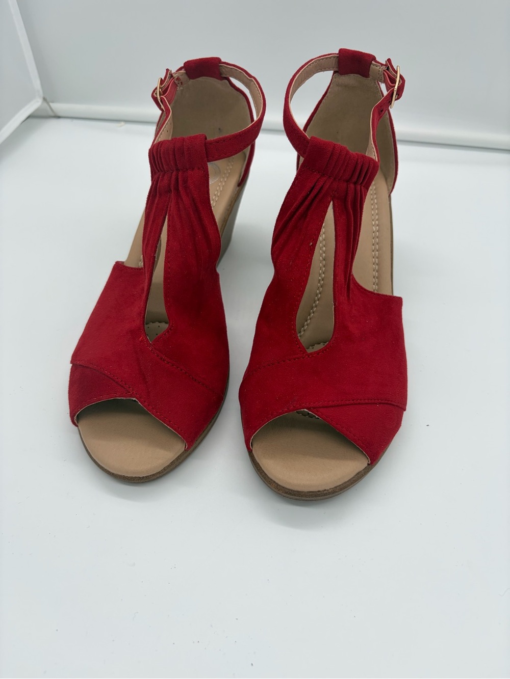 Red Suede T-Strap Wedge Sandals - Women's